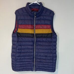 Cotopaxi Fuego Down Vest Mens Medium Indigo Blue Retro Striped Puffer Jacket
